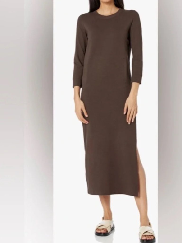 Uniqlo Women's Ribbed Stretchy Long Sleeve Brown Midi Dress Size M